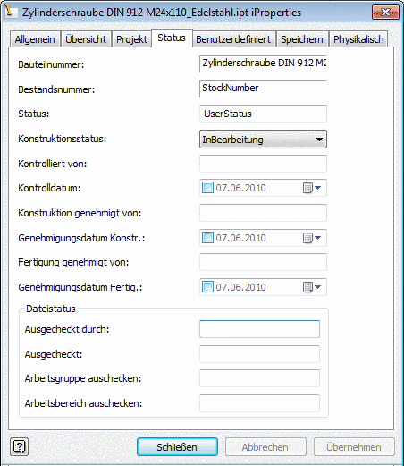 Bauteil -> iProperties -> Registerseite "Status"