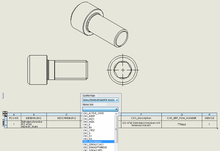 PARTsolutions-Attribute in der Stücklistentabelle