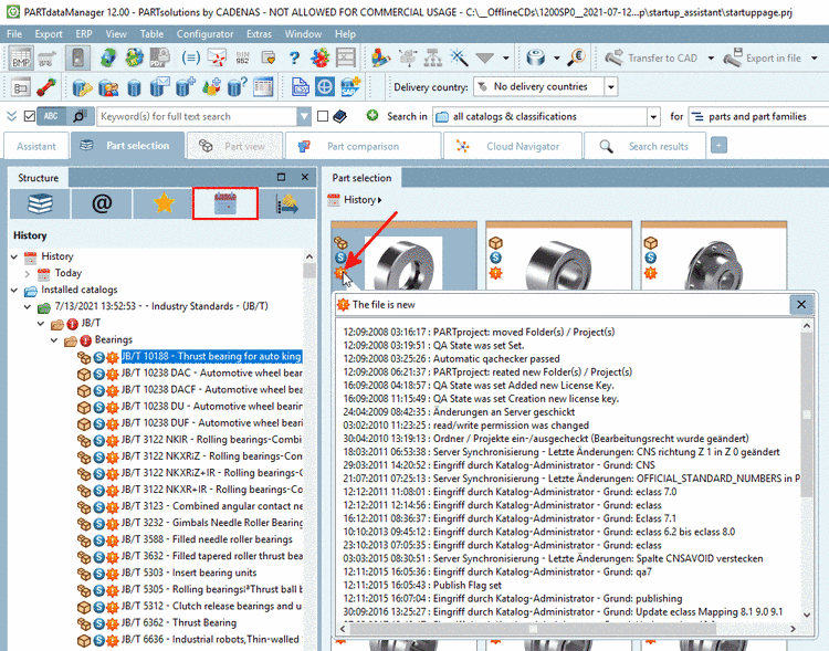 PARTdataManager -> Registerseite "Verlauf"