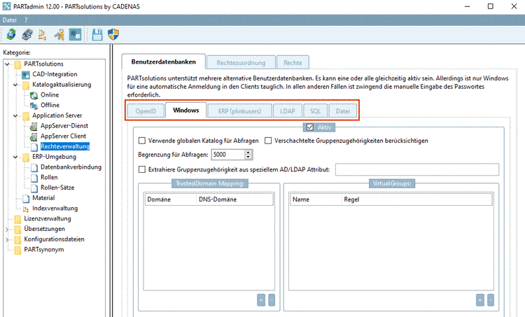 Kategorie "Rechteverwaltung" -> "Benutzerdatenbanken"