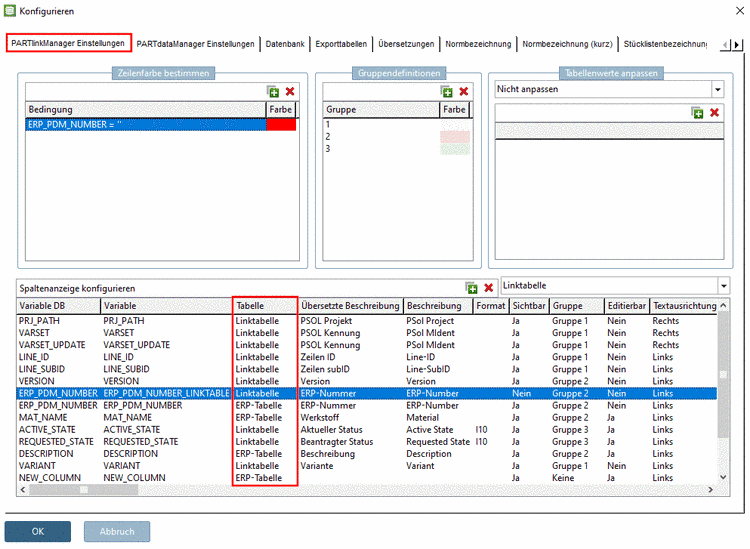 In PARTlinkManager unter "Extra" Menü -> "ERP-Umgebung konfigurieren" -> Reiter "PARTlinkManager Einstellungen" sehen Sie zu den einzelnen Variablen die Tabelle.