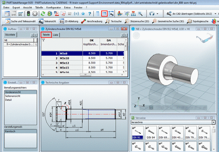 Tabellenansicht der Parameter