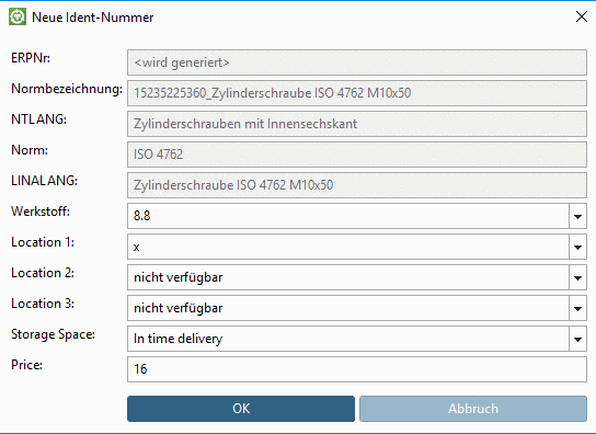 Die Abbildung zeigt den Standard-Dialog mit der Möglichkeit, im Listenfeld das Material zu wählen.