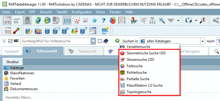 Suchmethoden in PARTdataManager