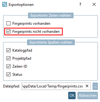 Exportoptionen -> Fingerprints nicht vorhanden