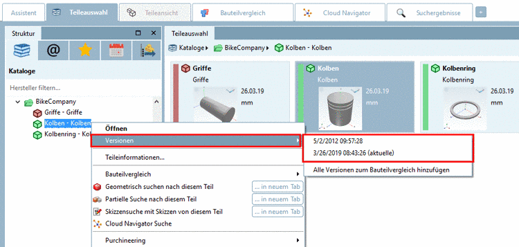 Nach einem Update können über den Kontextmenübefehl "Versionen" zuvor installierte Versionen geöffnet werden - sofern beim Installieren die Option "Alle behalten" oder "Anzahl von Versionen" gewählt worden war.
