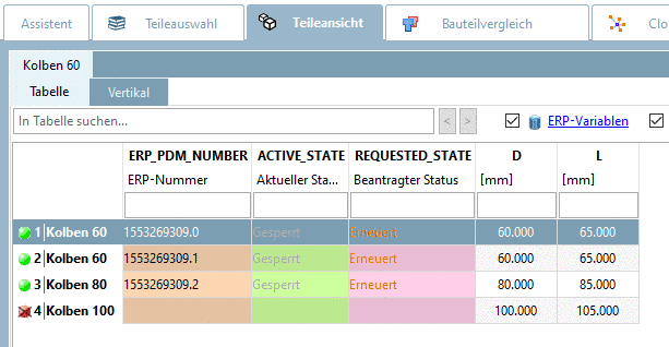 PARTdataManager: Aktuelle Version "Kolben" nach Update, aber vor Bearbeitung durch Update Manager