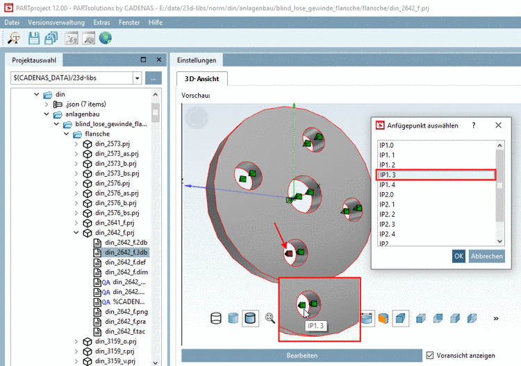 Anfügepunkt rot markiert nach Selektion und Name im Tooltip bei Mouseover