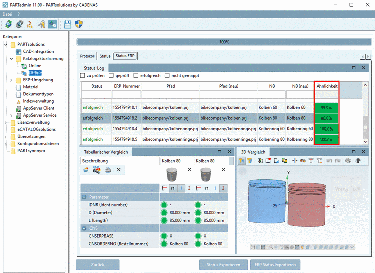 Sobald Sie im "Status-Log" eine Zeile selektieren, wird das entsprechende Teil unter "Tabellarischer Vergleich" und "3D-Vergleich" geladen.