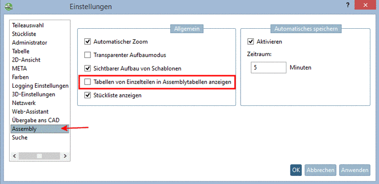 Tabellen von Einzelteilen in Assemblytabellen anzeigen