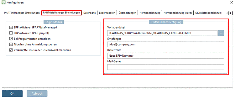 PARTlinkManager -> Extras Menü -> ERP-Umgebung konfigurieren -> Registerseite PARTdataManager Einstellungen -> E-Mail Benachrichtigung