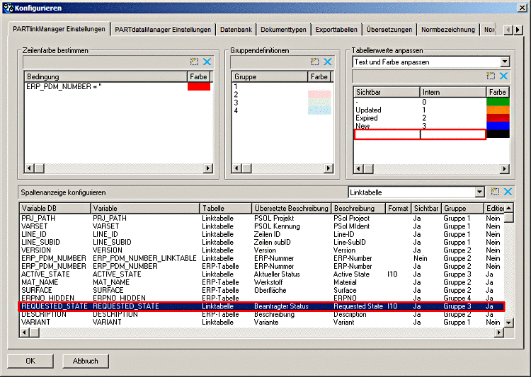 Konfigurieren -Registerseite PARTlinkManager Einstellungen