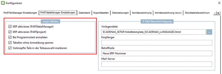 PARTlinkManager -> Extras Menü -> ERP-Umgebung konfigurieren -> Registerseite PARTdataManager Einstellungen -> Login Modus