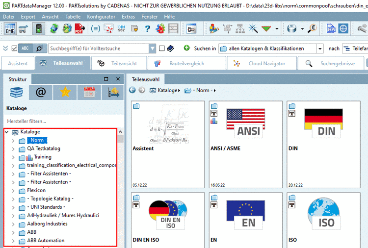 "Verknüpfte Teile in der Teileauswahl markieren" deaktiviert: Ergebnis im PARTdataManager: