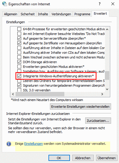 Integrierte Windows-Authentifizierung aktivieren