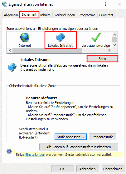 Registerseite "Sicherheit" -> Lokales Intranet -> Sites