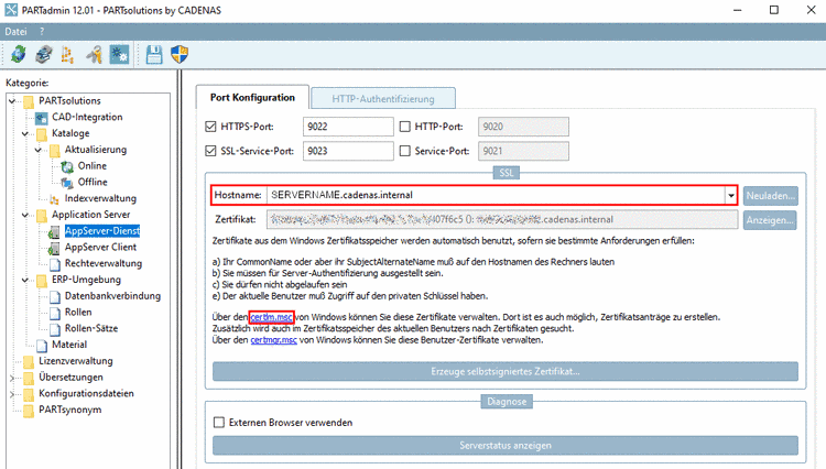 PARTadmin > Kategorie "AppServer-Dienst" > Registerseite "Port Konfiguration"