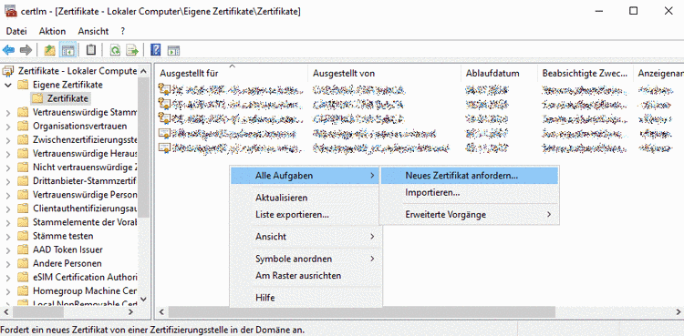Neues Zertifikat anfordern...