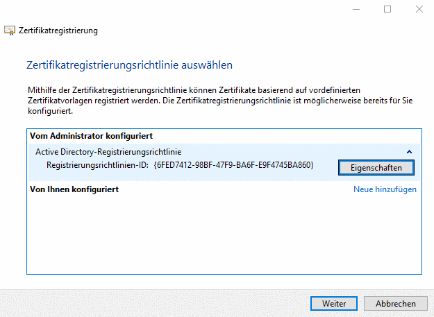 Zertifikatregistrierungsrichtlinie auswählen
