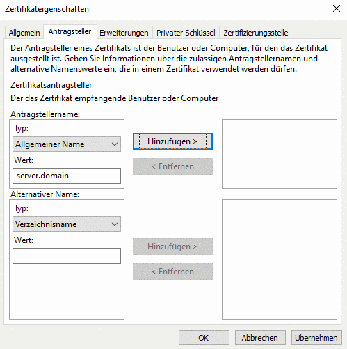 Zertifikateigenschaften > Antragsteller