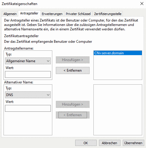Zertifikateigenschaften > Antragsteller