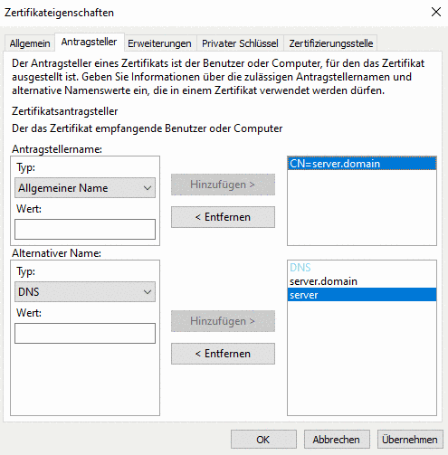 Zertifikateigenschaften > Antragsteller