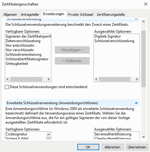 Zertifikateigenschaften > Erweiterungen