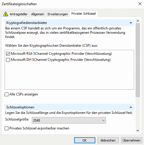 Zertifikateigenschaften > Privater Schlüssel