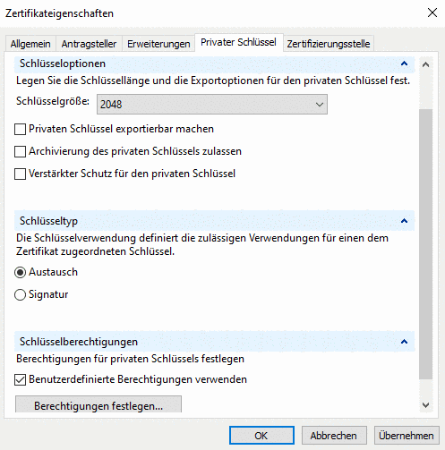 Zertifikateigenschaften > Privater Schlüssel
