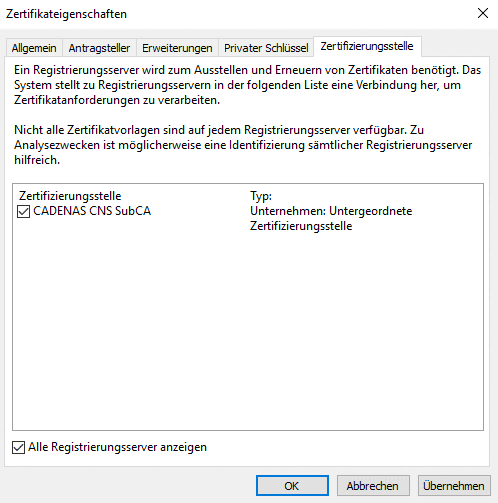 Zertifikateigenschaften > Zertifizierungsstelle