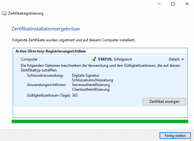 Zertifikatinstallationsergebnisse
