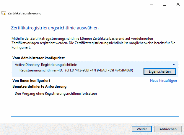 Zertifikatregistrierungsrichtlinie auswählen