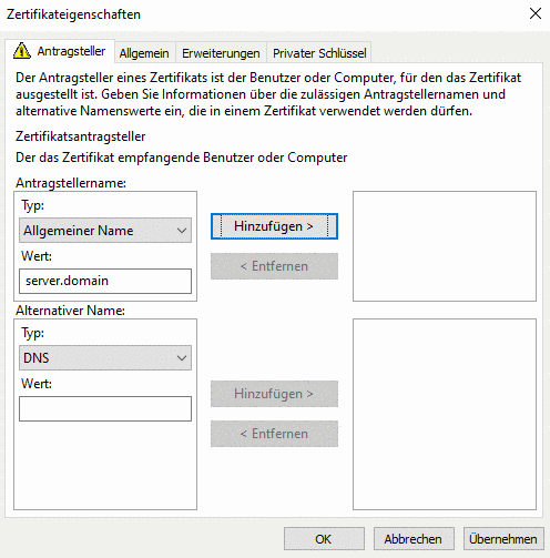 Zertifikateigenschaften > Antragsteller