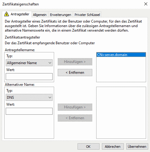 Zertifikateigenschaften > Antragsteller