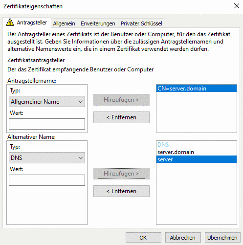 Zertifikateigenschaften > Antragsteller