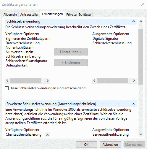 "Schlüsselverwendung" und "Erweiterte Schlüsselverwendung"