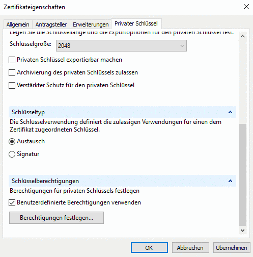 Zertifikateigenschaften > Privater Schlüssel