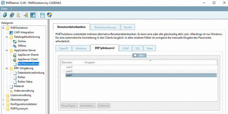 Beispiel Benutzerdatenbank "ERP(plinkusers)" deaktiviert