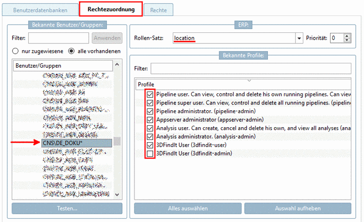 "Rechtezuordnung" Registerseite (alle vorhandenen)