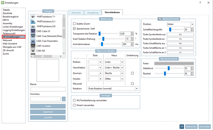"Verschiedenes" Registerseite
