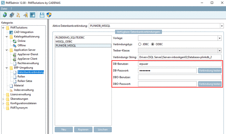 Kategorie "Datenbankverbindung" -> Dialogbereich " Verfügbare Datenbankverbindungen"