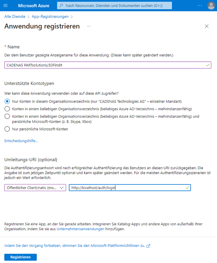 Microsoft Azure "Anwendung registrieren"