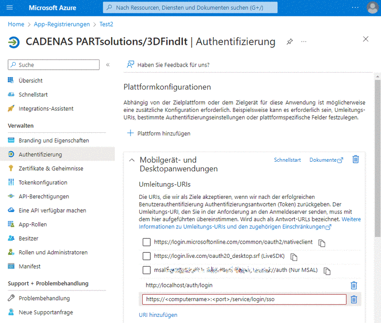Microsoft Azure "Authentifizierung" -> "Mobilgerät- und Desktopanwendungen"