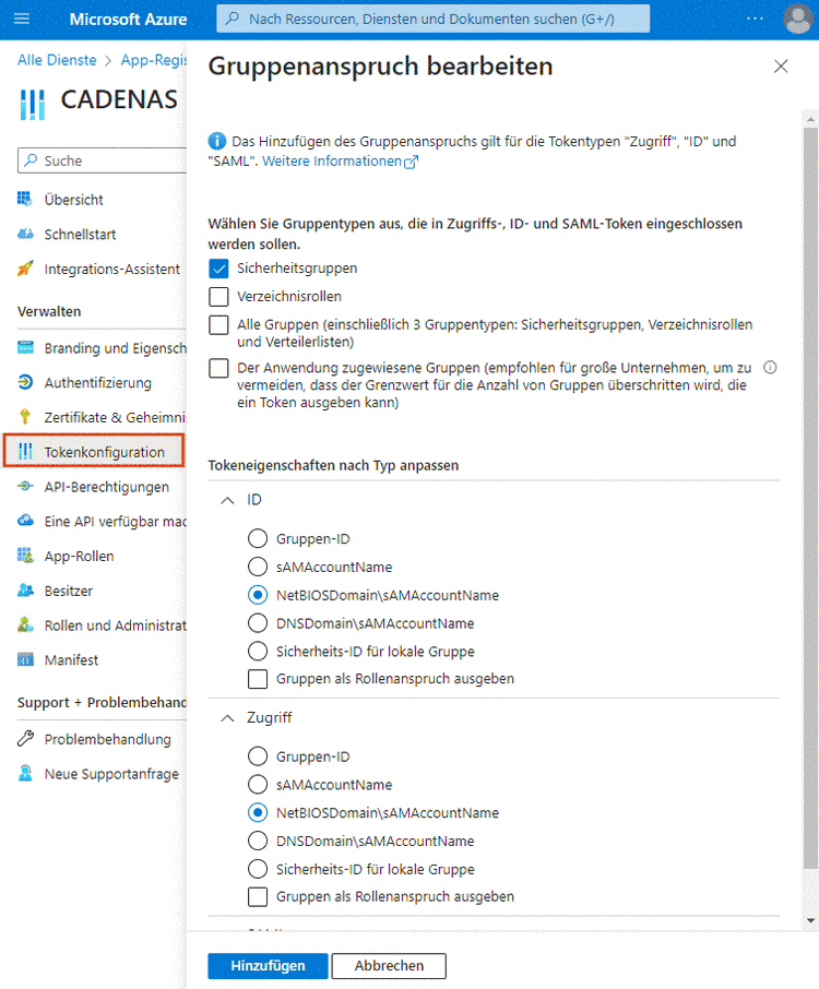 Microsoft Azure "Tokenkonfiguration" -> "Gruppenanspruch bearbeiten"