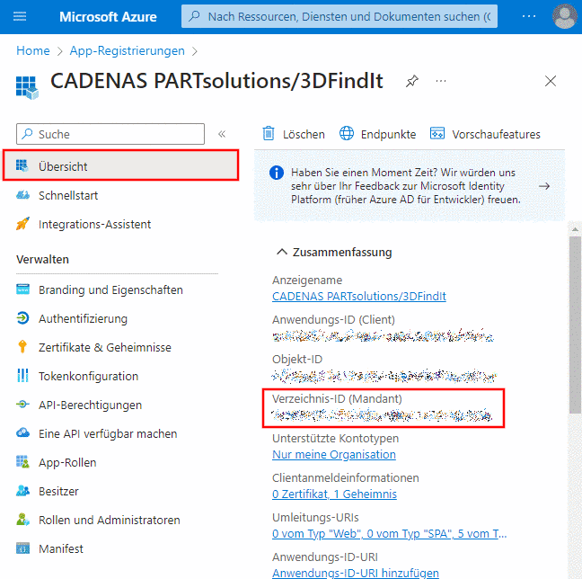 Microsoft Azure "Übersicht" -> "Verzeichnis-ID (Mandant)"