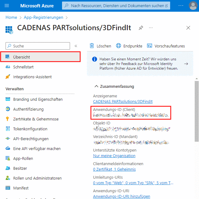 Microsoft Azure "Übersicht" -> Anwendungs-ID (Client)