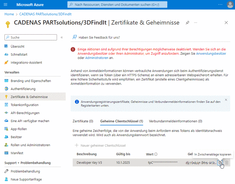 Microsoft Azure "Zertifikate & Geheimnisse"