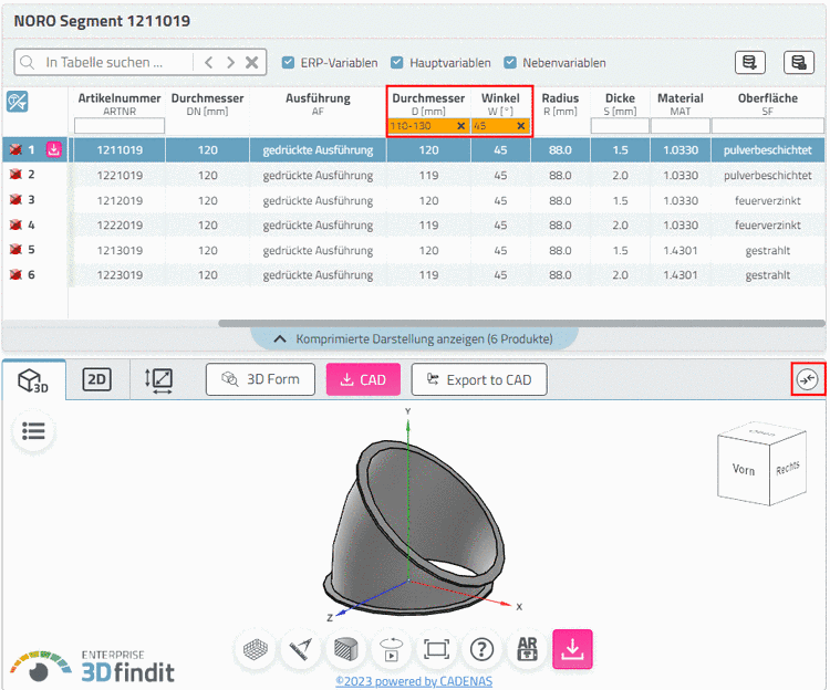 Tabelle filtern nach "Durchmesser" und "Winkel"