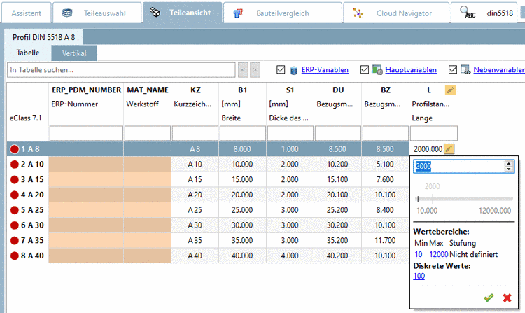 PARTdataManager Beispiel: Wertebereich "von - bis" mit Eingabe von diskreten Werten oder Auswahl per Schieberegler