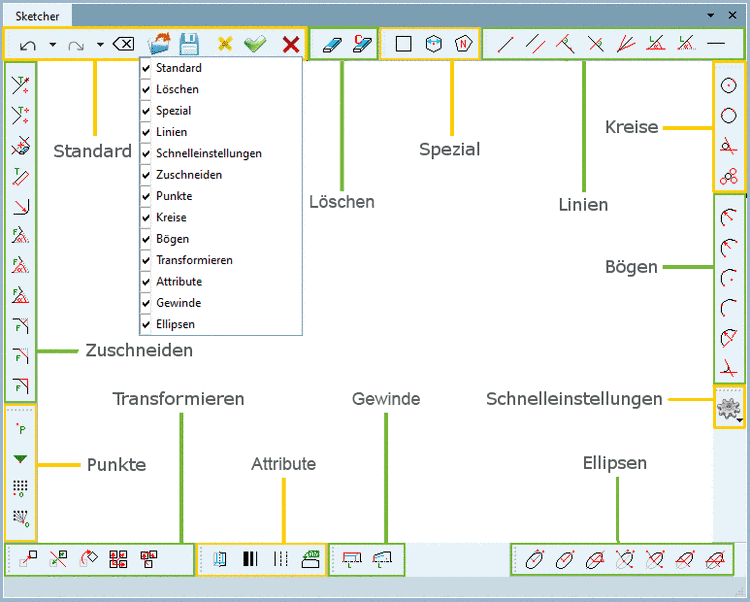 Darstellung der Funktionen mit Einstellungsoption "Werkzeuge gruppieren" deaktiviert